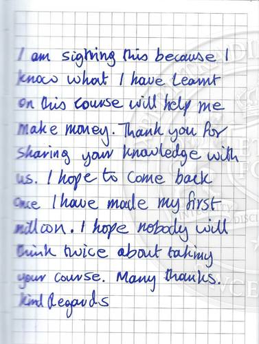Handwritten testimonial from an Alsa Intelligence student