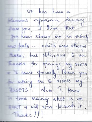 Handwritten testimonial from an Alsa Intelligence student
