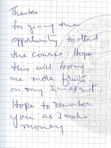 Handwritten testimonial from an Alsa Intelligence student