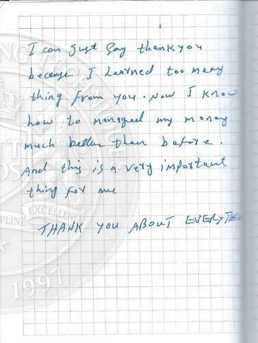 Handwritten testimonial from an Alsa Intelligence student