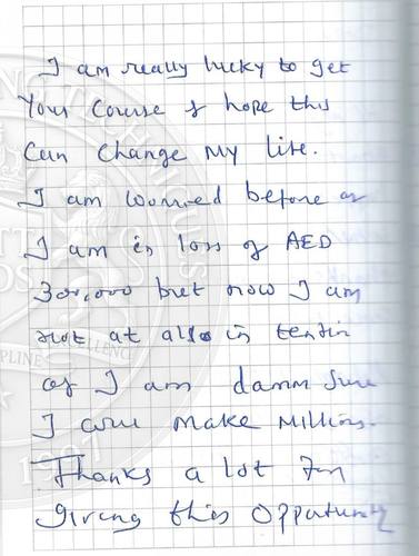 Handwritten testimonial from an Alsa Intelligence student