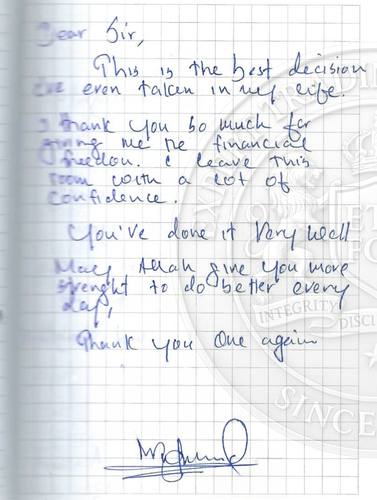 Handwritten testimonial from an Alsa Intelligence student