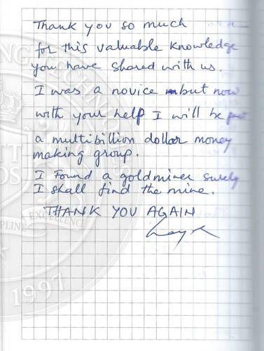 Handwritten testimonial from an Alsa Intelligence student