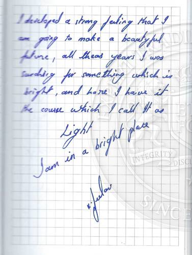 Handwritten testimonial from an Alsa Intelligence student