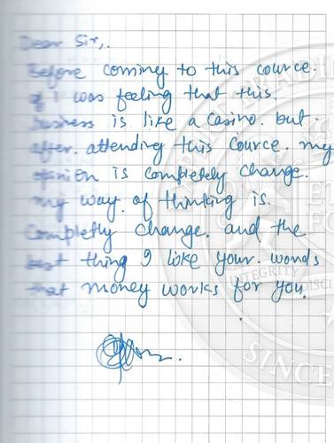 Handwritten testimonial from an Alsa Intelligence student