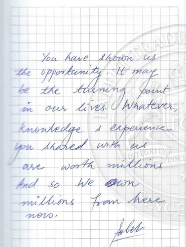 Handwritten testimonial from an Alsa Intelligence student