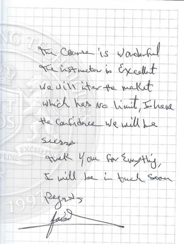 Handwritten testimonial from an Alsa Intelligence student