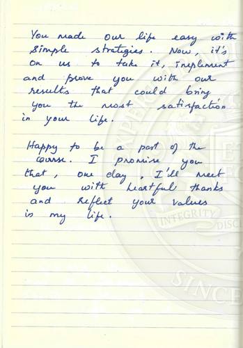 Handwritten testimonial from an Alsa Intelligence student