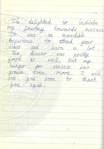 Handwritten testimonial from an Alsa Intelligence student