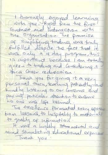 Handwritten testimonial from an Alsa Intelligence student