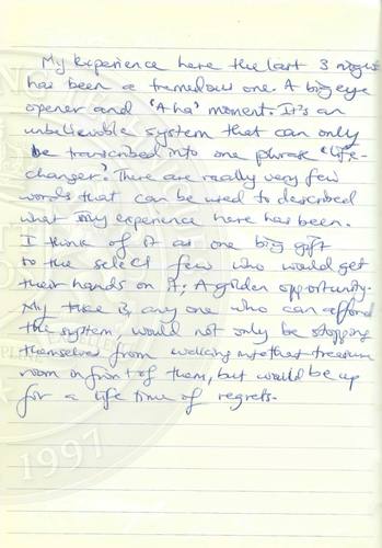 Handwritten testimonial from an Alsa Intelligence student