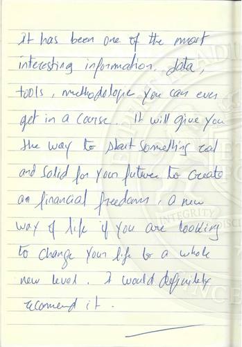 Handwritten testimonial from an Alsa Intelligence student