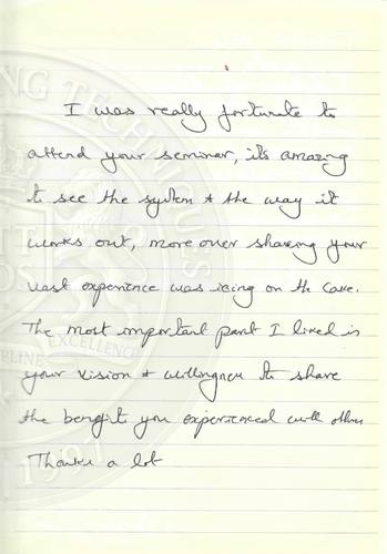 Handwritten testimonial from an Alsa Intelligence student