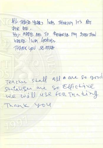 Handwritten testimonial from an Alsa Intelligence student