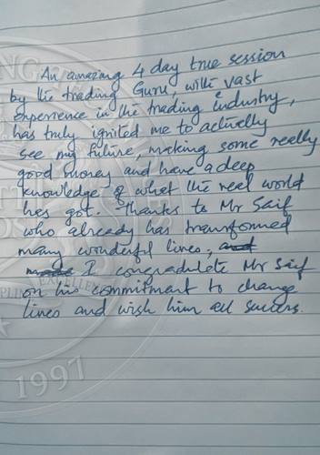 Handwritten testimonial from an Alsa Intelligence student