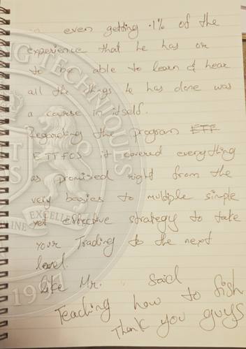 Handwritten testimonial from an Alsa Intelligence student