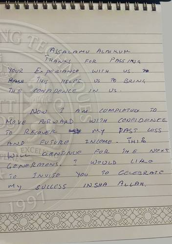 Handwritten testimonial from an Alsa Intelligence student